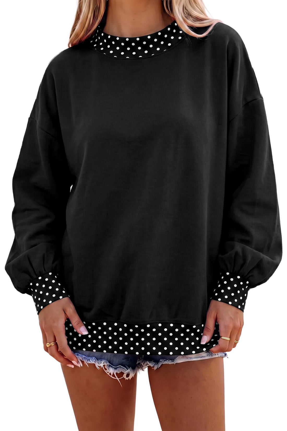 Black Colorblock Polka Dot Contrast Trim Oversized Sweatshirt