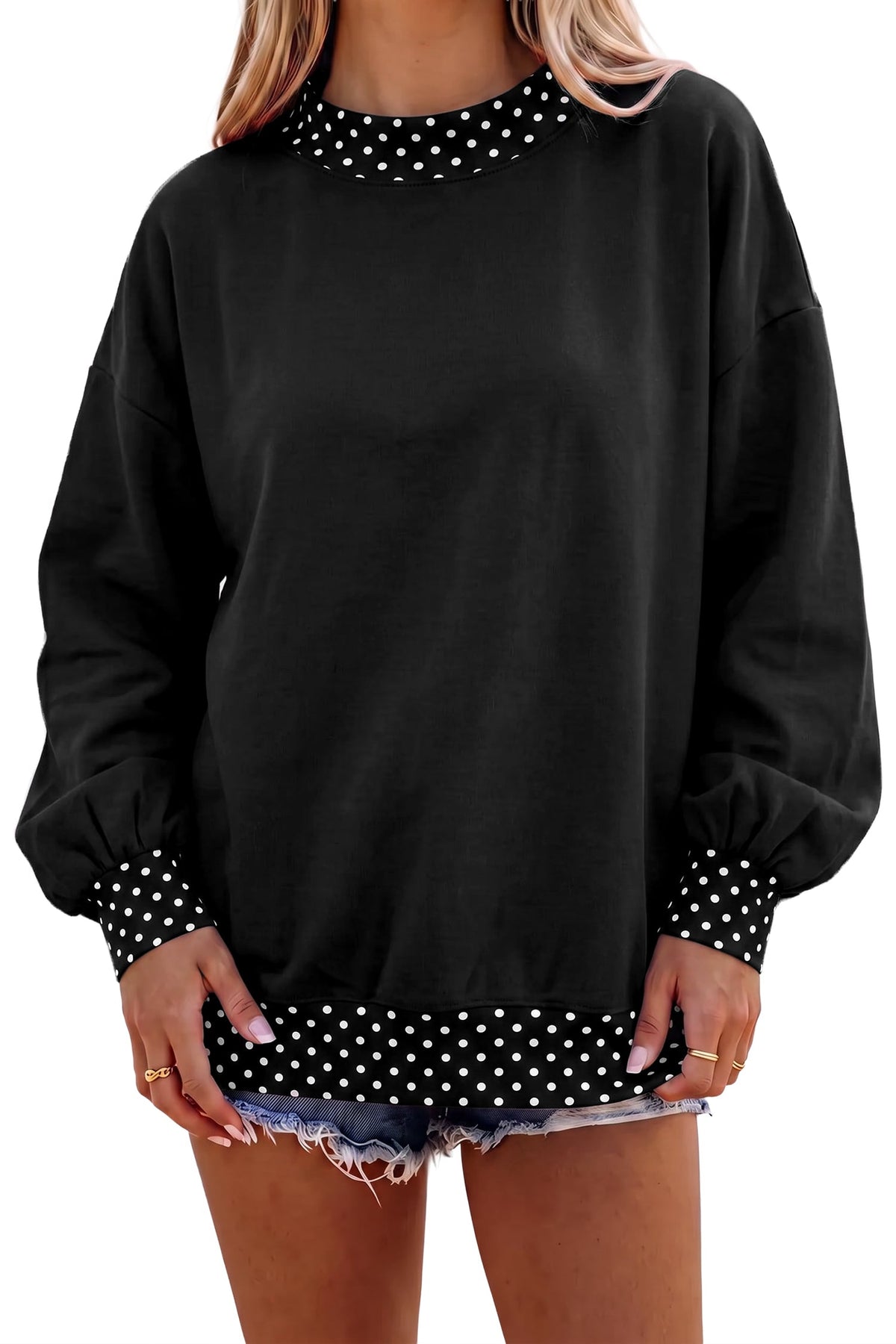 Black Colorblock Polka Dot Contrast Trim Oversized Sweatshirt