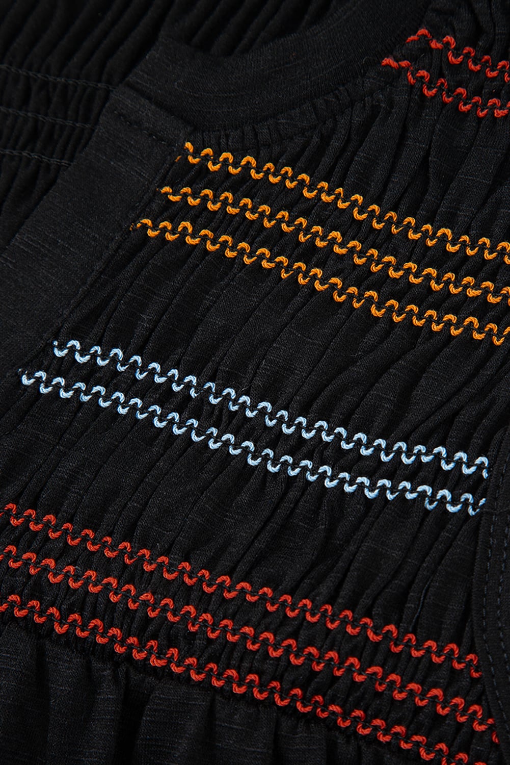 Black Colorful Shirred Yoke Notched V Neck Tank Top