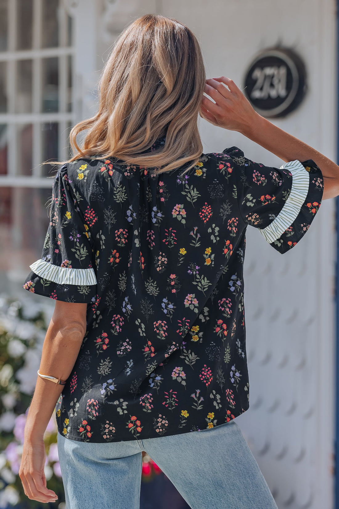 Black Contrast Frilled Trim Short Sleeve Floral Shirt