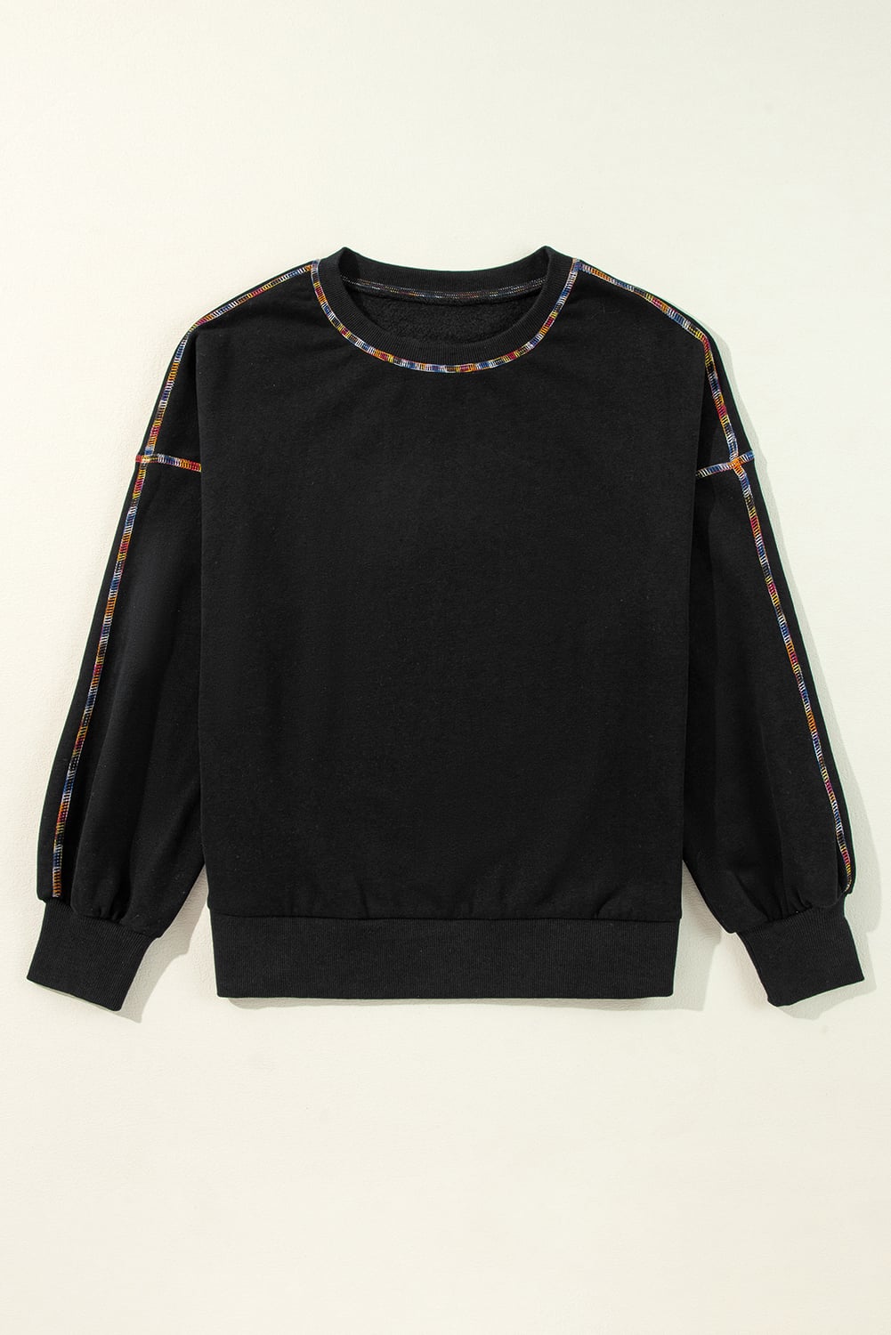 Black Contrast Rainbow Trim Drop Shoulder Pullover Sweatshirt