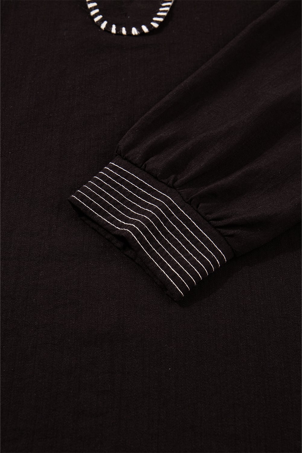 Black Contrast Stitched Detail V Neck Ruffle Long Sleeve Blouse