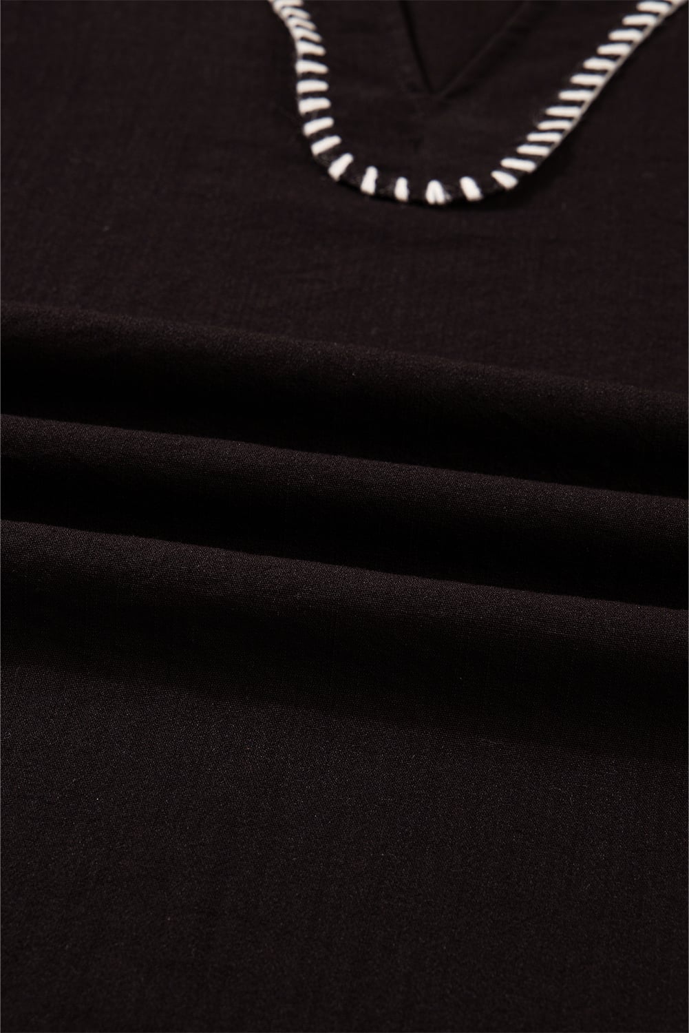 Black Contrast Stitched Detail V Neck Ruffle Long Sleeve Blouse