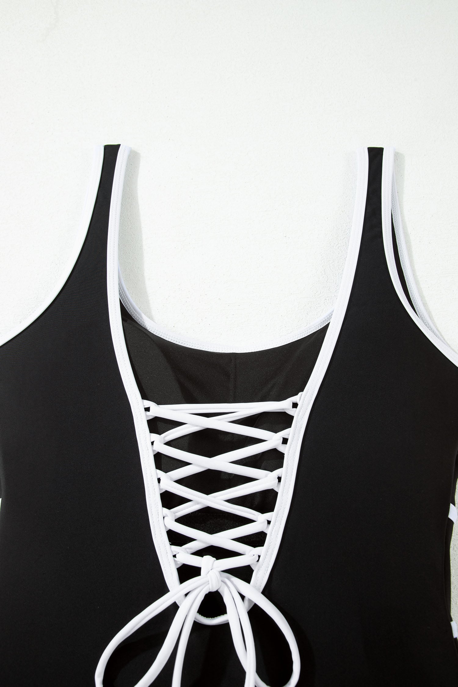 Black Contrast Trim Lace-up Back One Piece Swimsuit