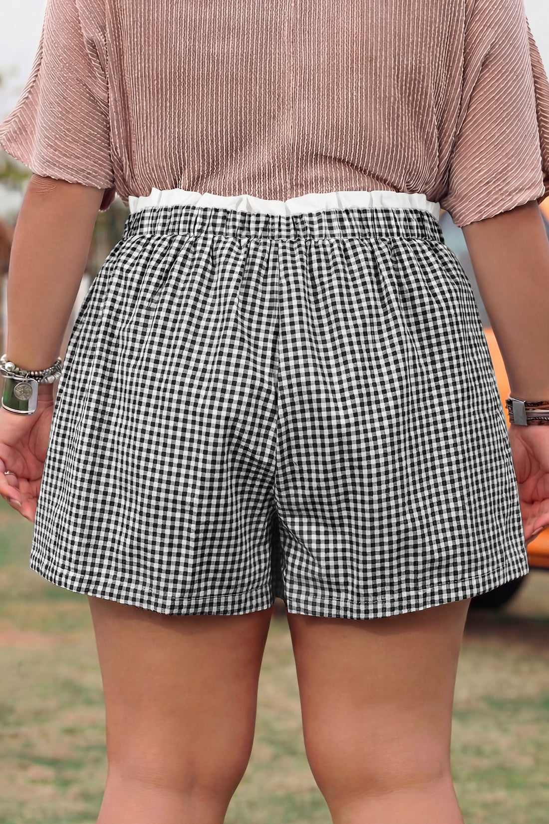 Black Contrast Trim Plaid Print Plus Size Shorts