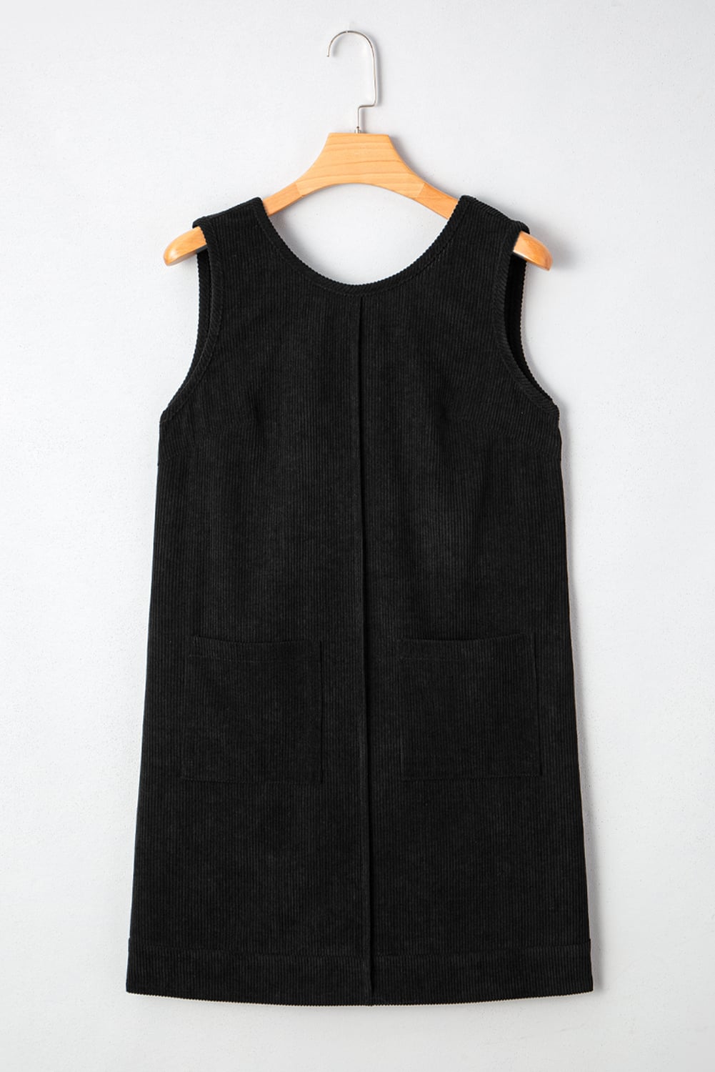 Black Corduroy Sleeveless Mini Dress With Patched Pockets