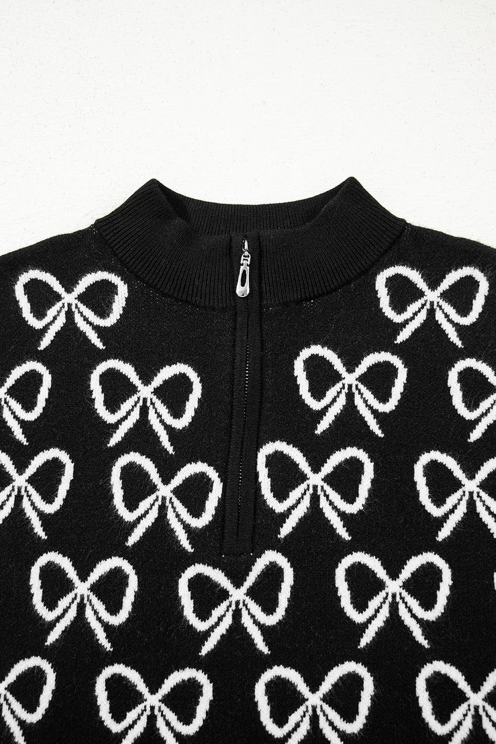 Black Cute Bow Pattern Drop Shoulder Zipped Collar Sweater