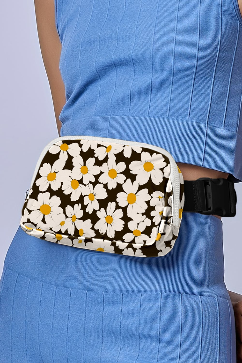 Black Daisy Printed Buckle Strap Crossbody Bag