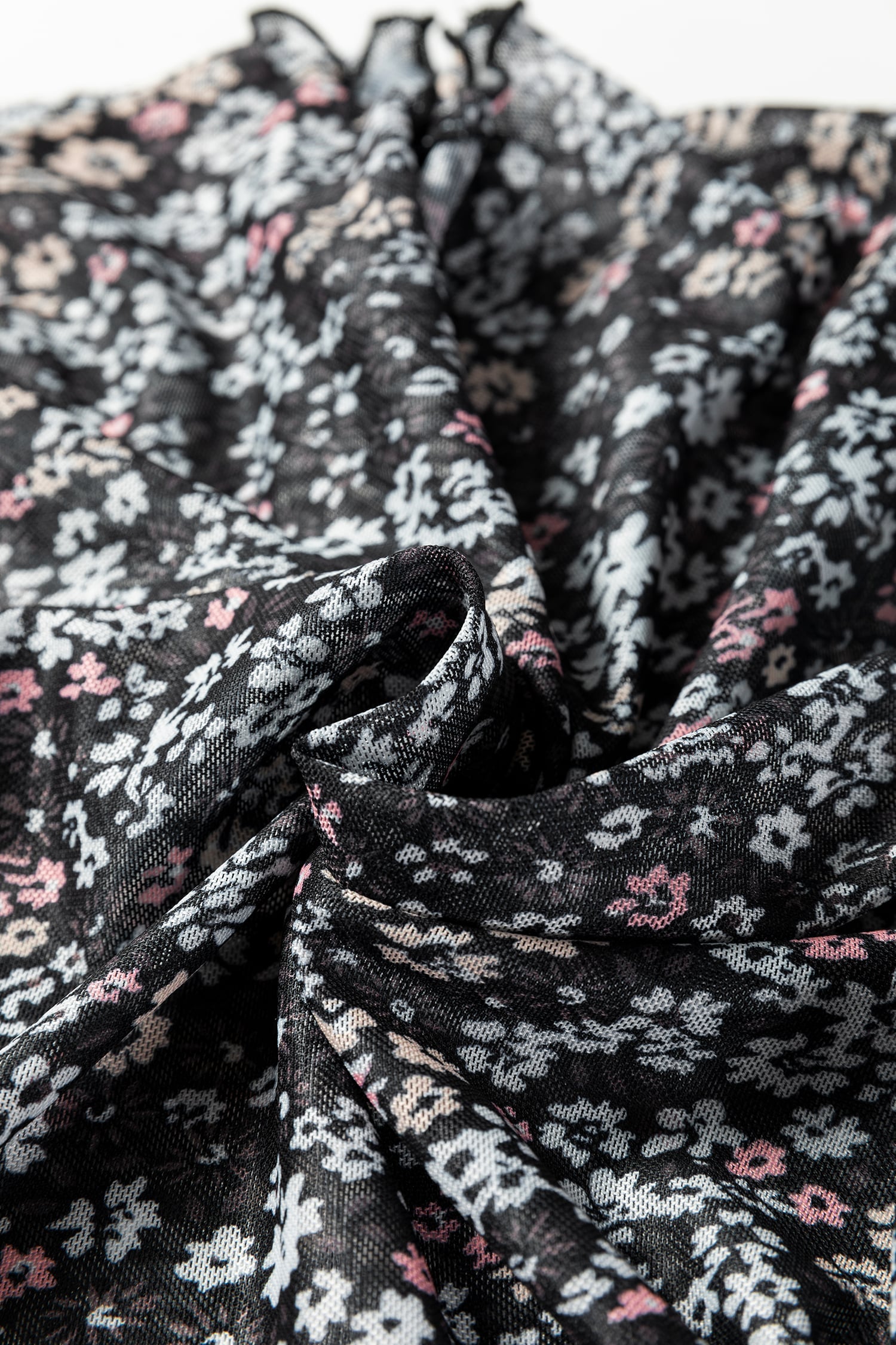 Black Ditsy Floral Mesh Thumbhole Sleeve Slim Fit Top