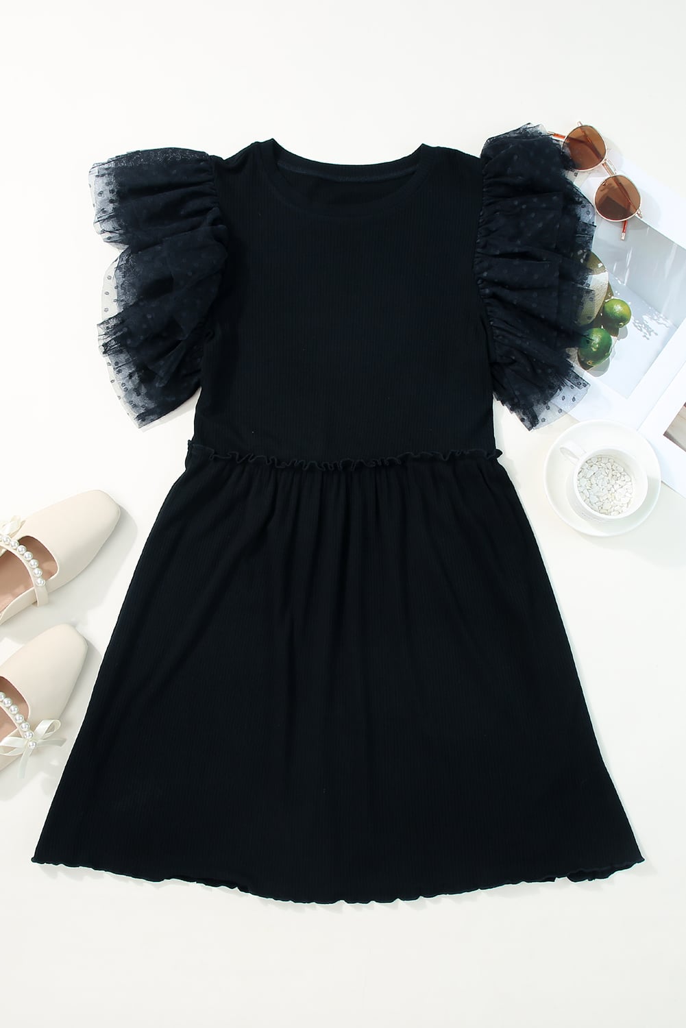 Black Dotty Mesh Ruffle Sleeve Ribbed Knit Babydoll Mini Dress