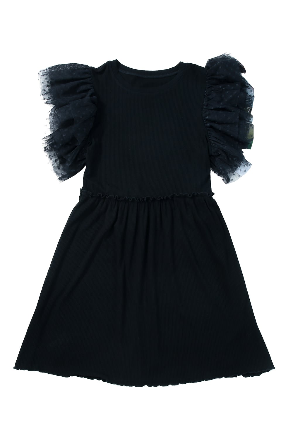 Black Dotty Mesh Ruffle Sleeve Ribbed Knit Babydoll Mini Dress