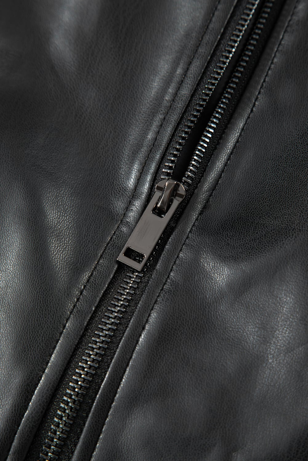 Black Double Flap Pocket Faux Leather Zip Up Stand Neck Vest