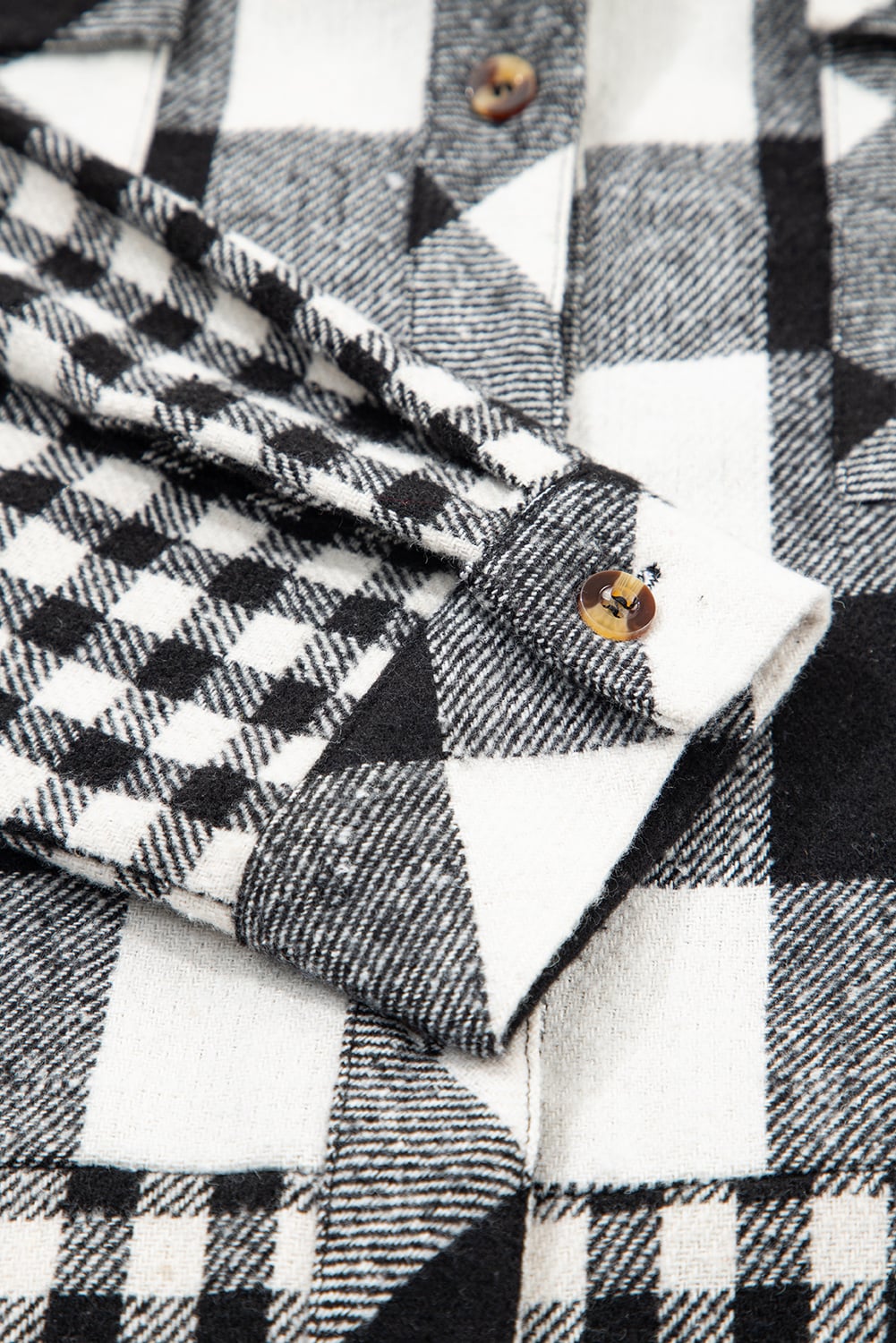 Black Double Plaid Patchwork Drawstring Hooded Shacket