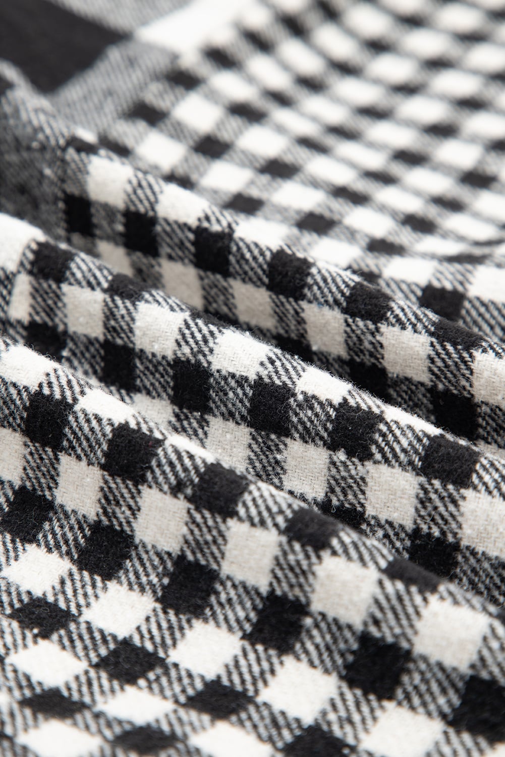 Black Double Plaid Patchwork Drawstring Hooded Shacket