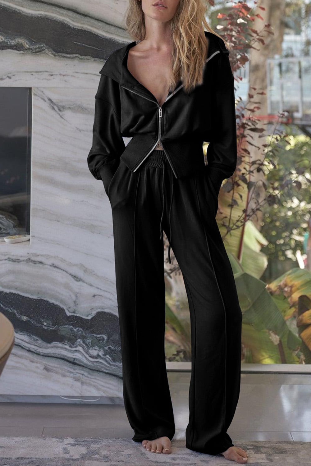 Black Double Zipper Hooded Jacket and Sweatpants Active Set