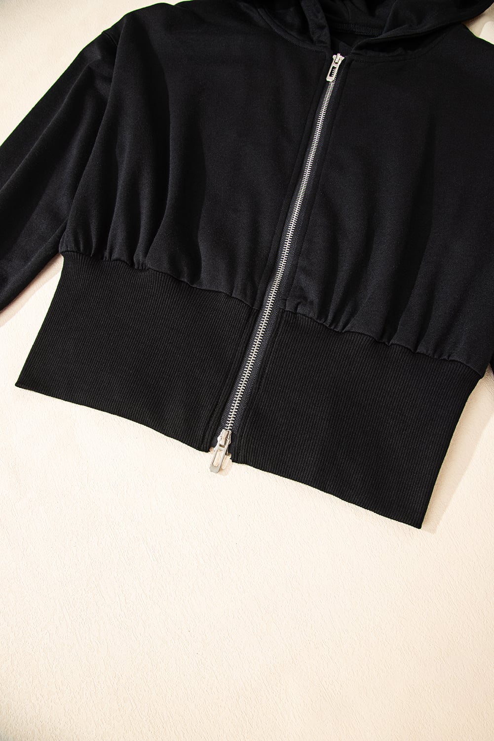 Black Double Zipper Hooded Jacket and Sweatpants Active Set