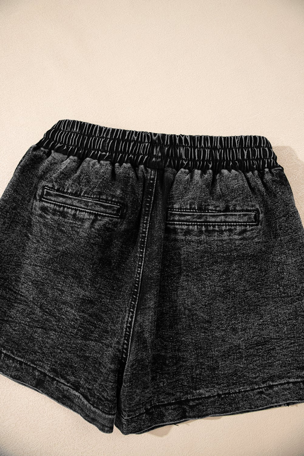 Black Drawstring Elastic Waistband Pocketed Denim Shorts