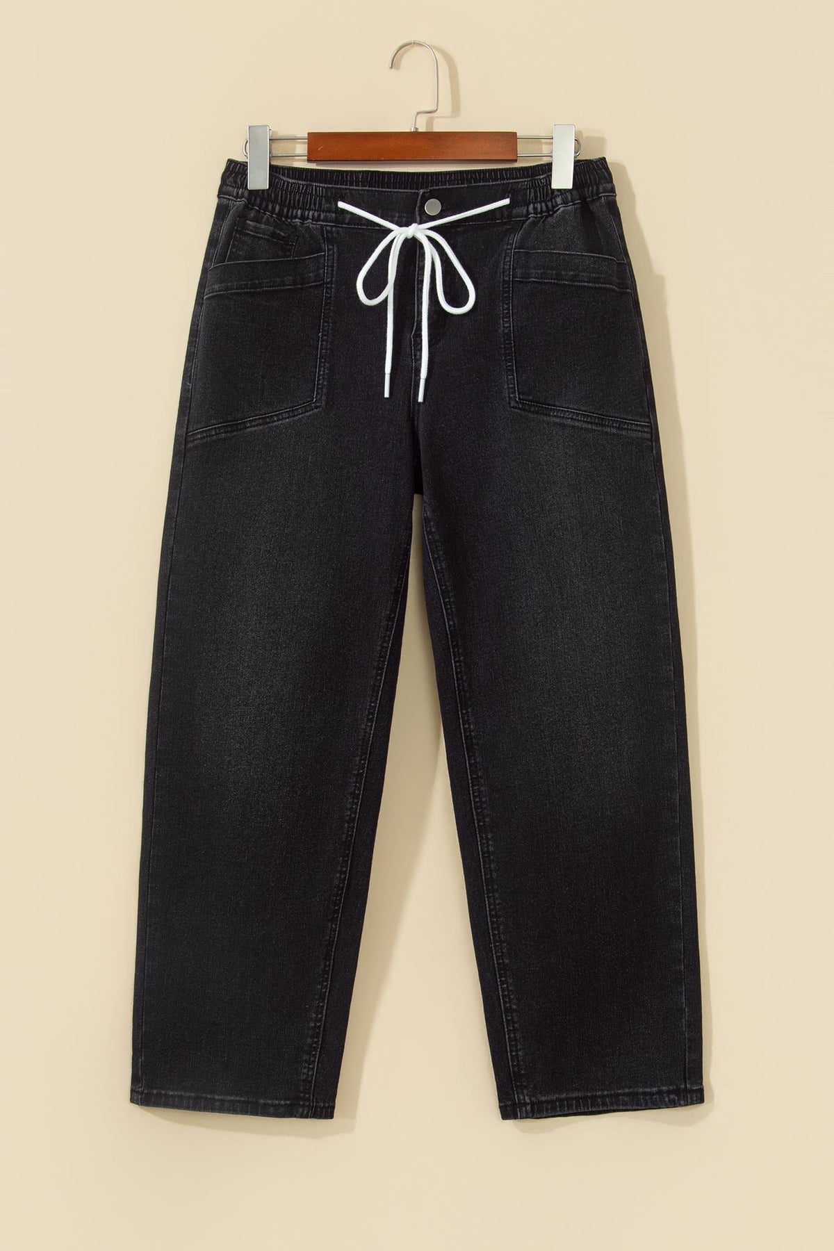 Black Drawstring Waist Ankle Length Casual Jeans Regular Fit Pocket Detail Denim Pants