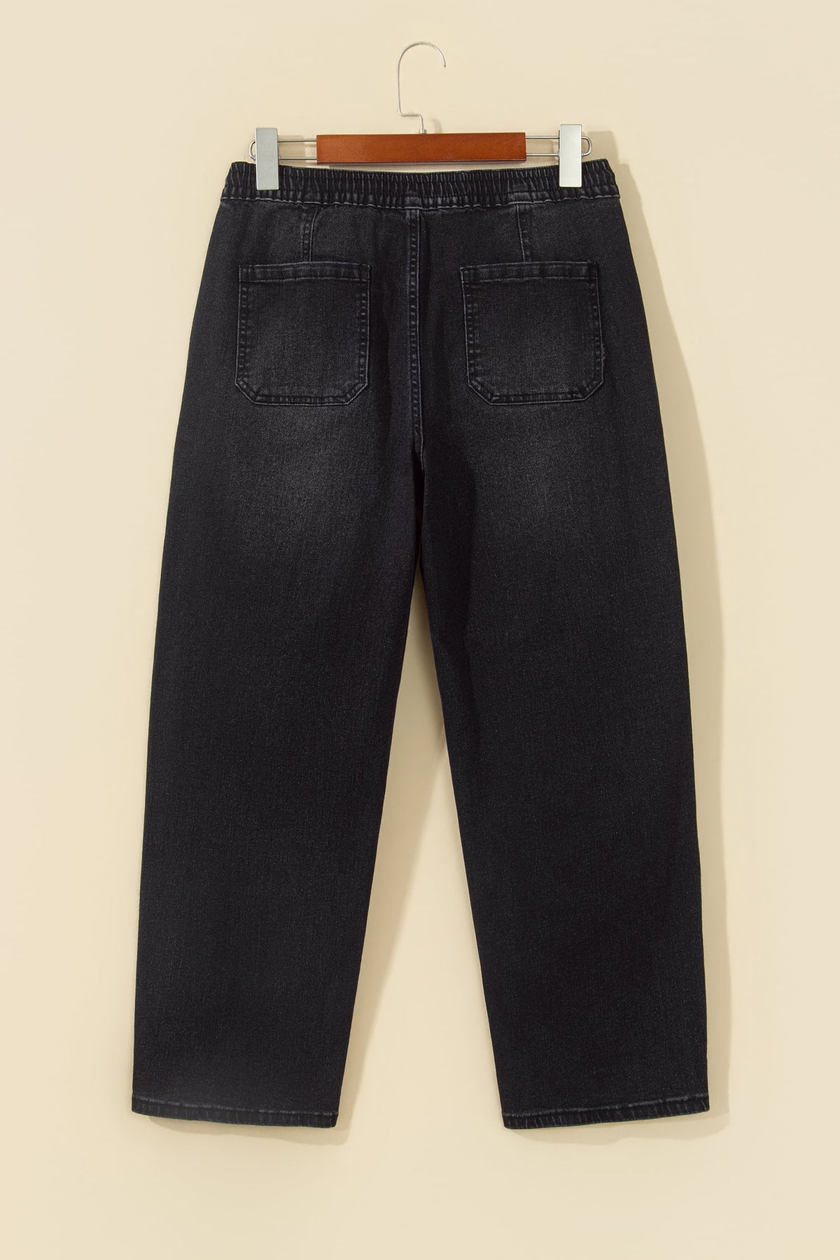 Black Drawstring Waist Ankle Length Casual Jeans Regular Fit Pocket Detail Denim Pants