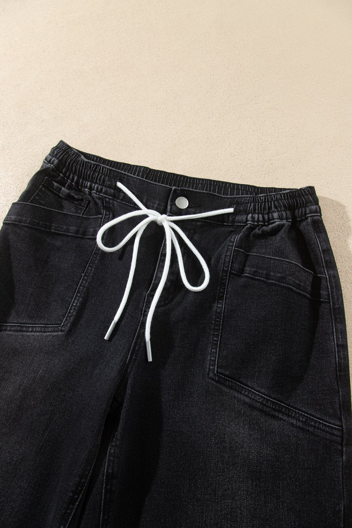 Black Drawstring Waist Ankle Length Casual Jeans Regular Fit Pocket Detail Denim Pants