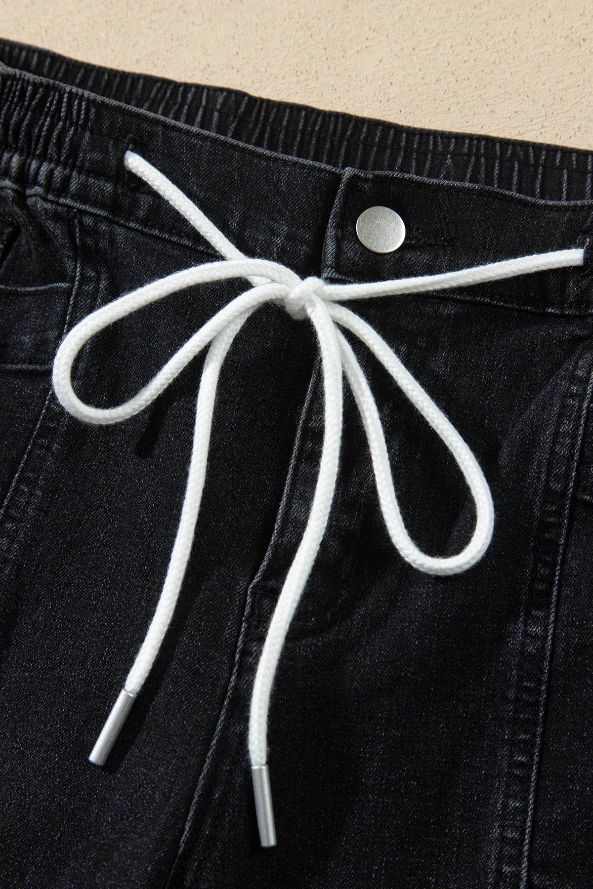 Black Drawstring Waist Ankle Length Casual Jeans Regular Fit Pocket Detail Denim Pants