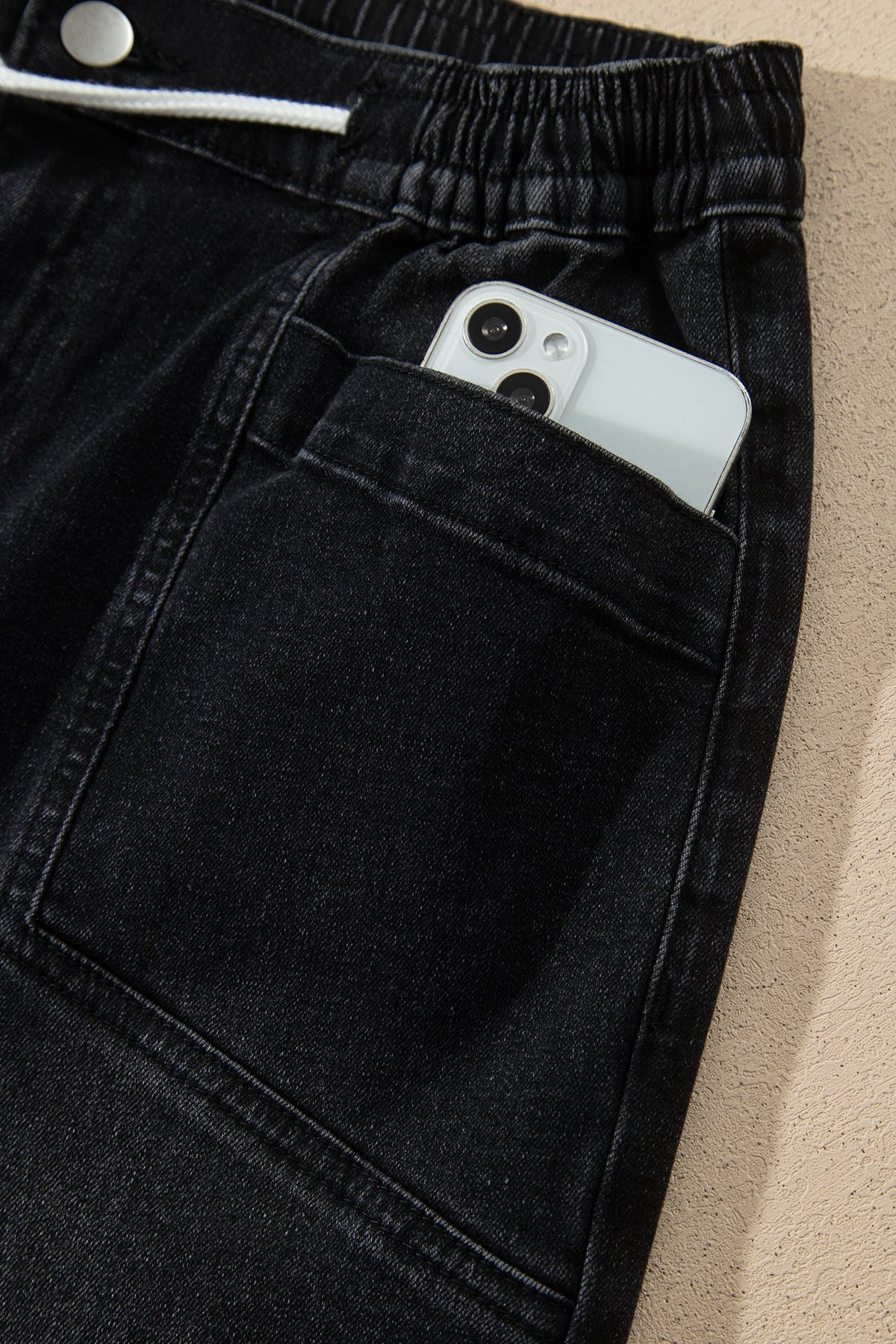 Black Drawstring Waist Ankle Length Casual Jeans Regular Fit Pocket Detail Denim Pants