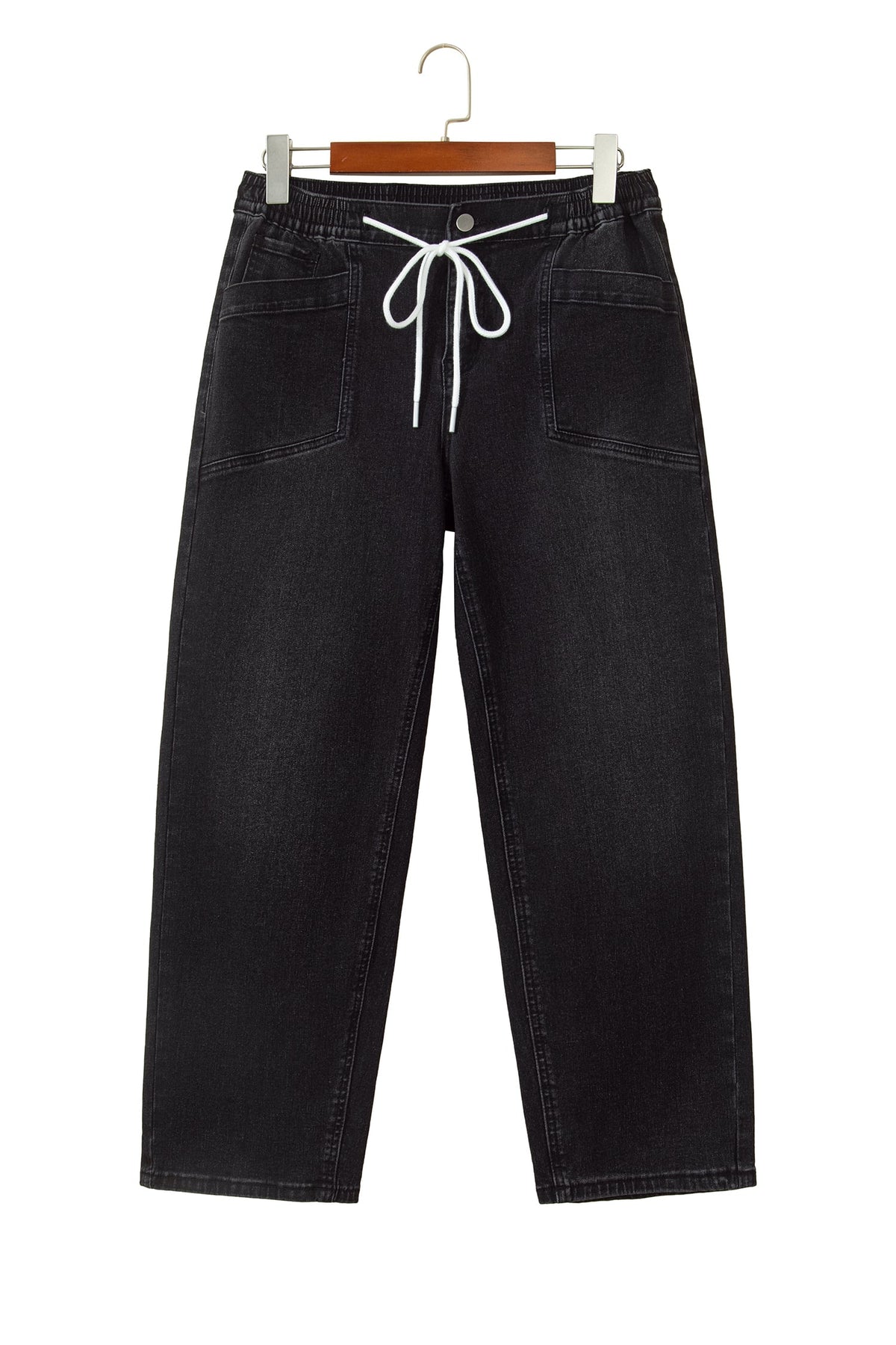 Black Drawstring Waist Ankle Length Casual Jeans Regular Fit Pocket Detail Denim Pants