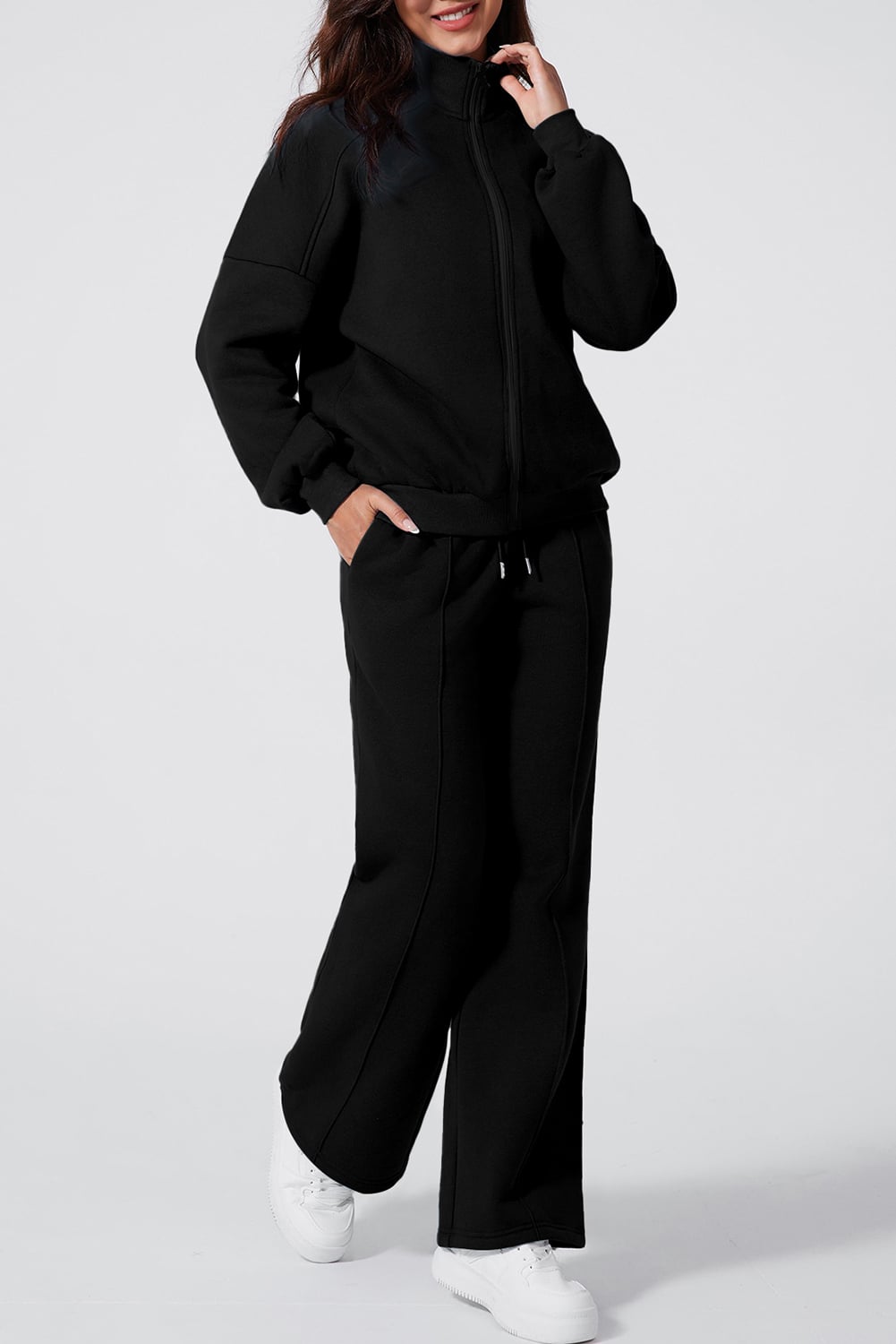 Black Drop Shoulder Zip Up Jacket Drawstring Pants Active 2pcs Set