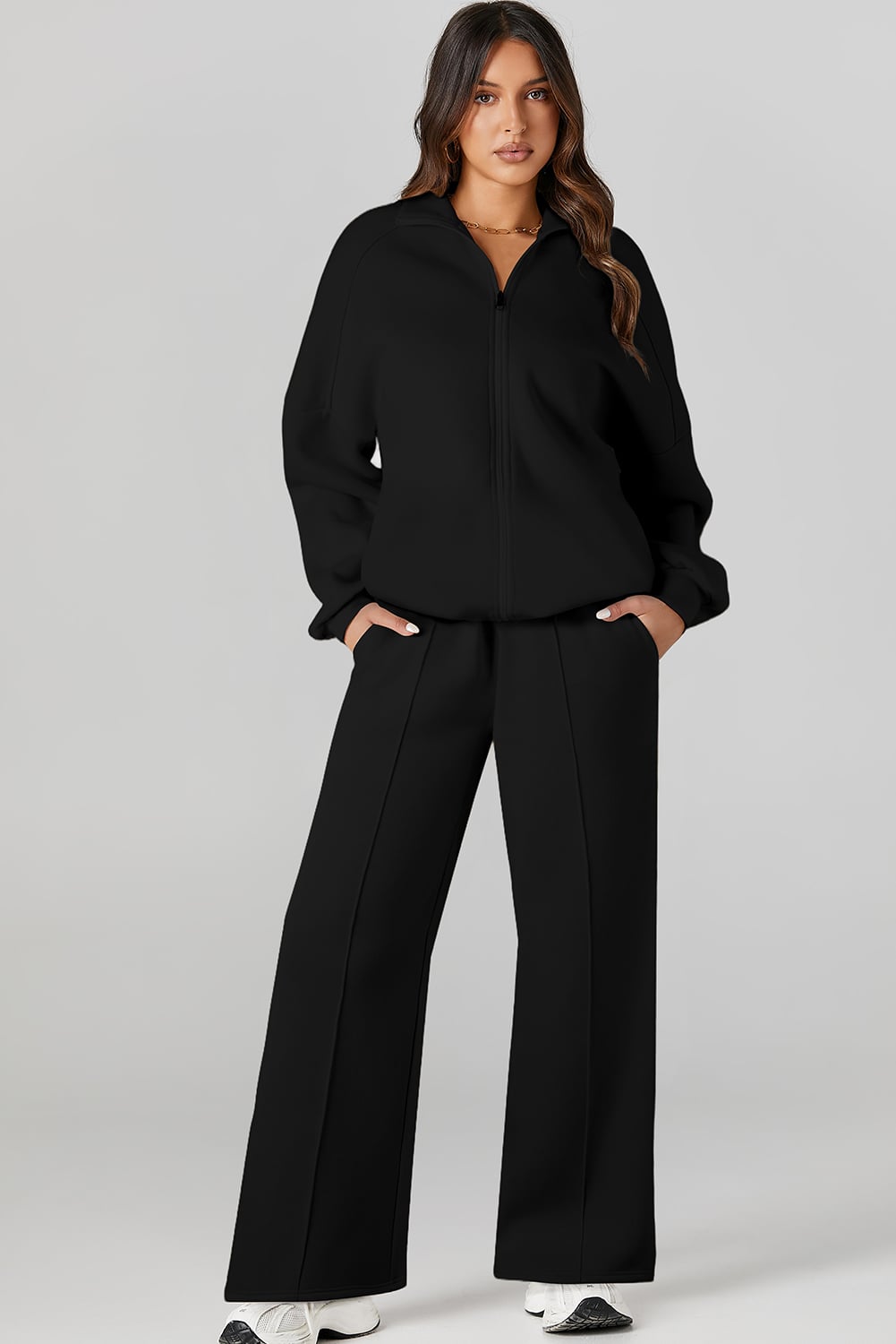 Black Drop Shoulder Zip Up Jacket Drawstring Pants Active 2pcs Set
