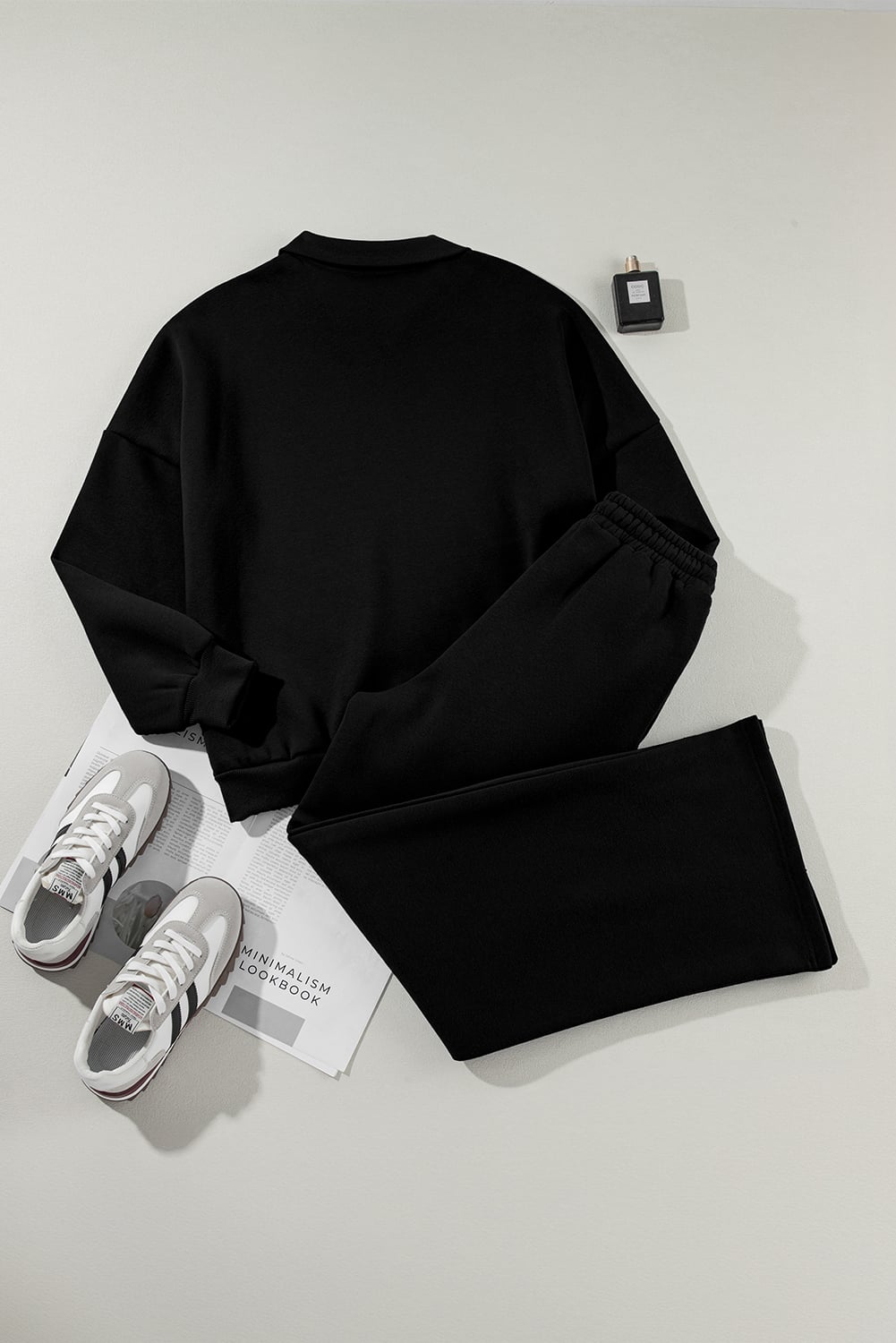 Black Drop Shoulder Zip Up Jacket Drawstring Pants Active 2pcs Set