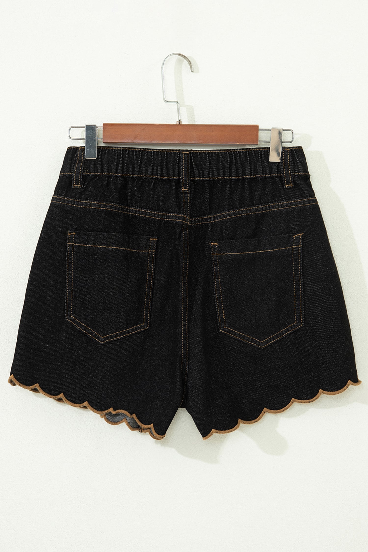 Black Embroidered Scalloped Trim Relaxed Denim Shorts