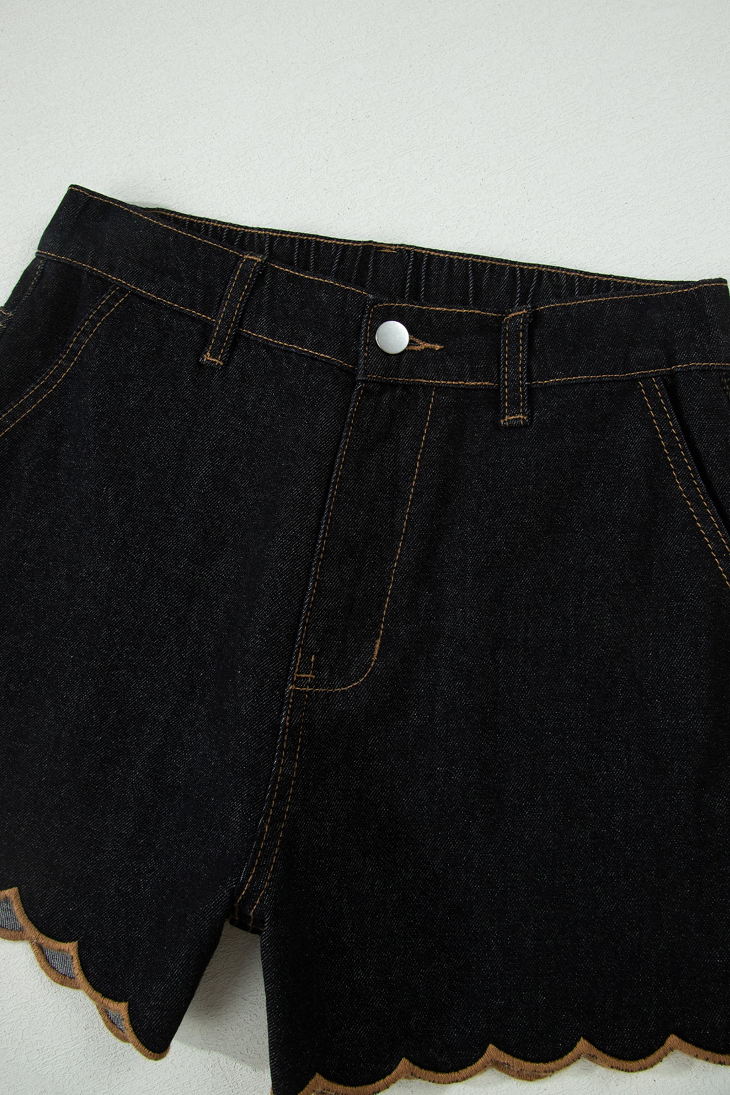 Black Embroidered Scalloped Trim Relaxed Denim Shorts