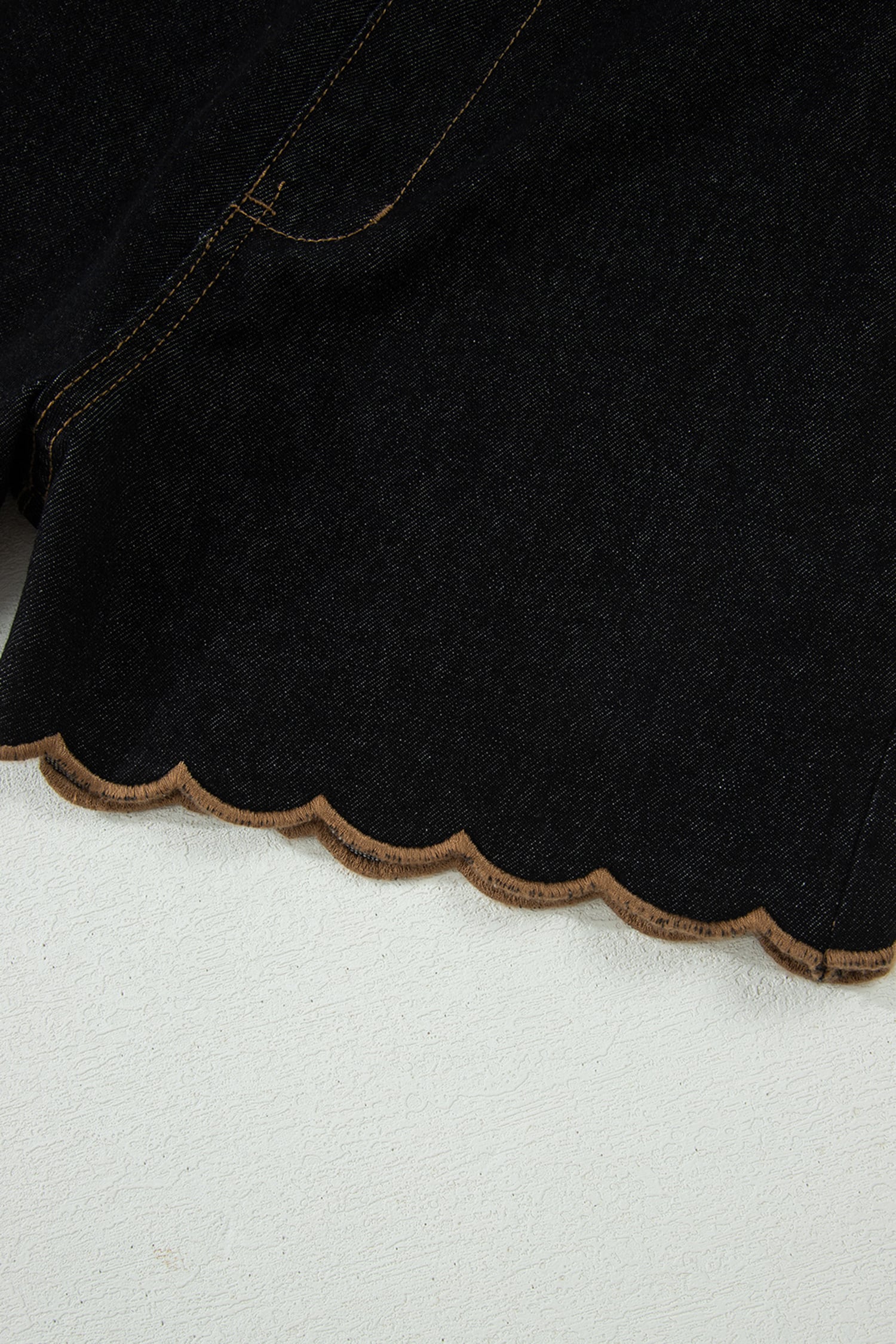 Black Embroidered Scalloped Trim Relaxed Denim Shorts