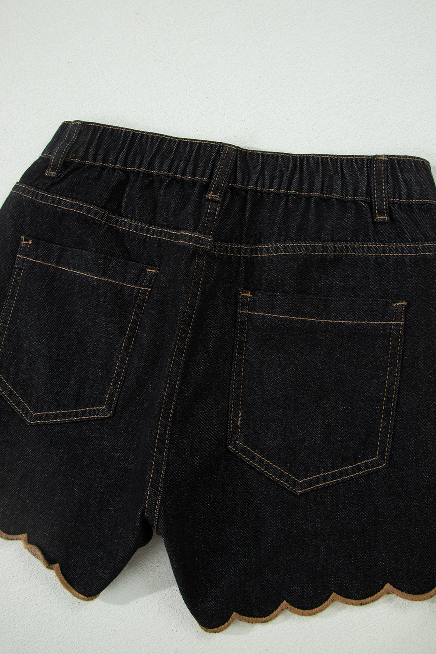 Black Embroidered Scalloped Trim Relaxed Denim Shorts