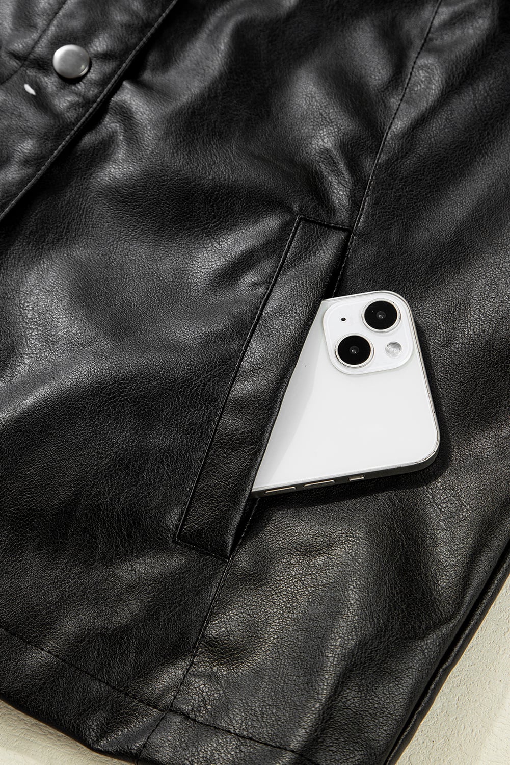 Black Faux Leather Buttoned Front Boxy Jacket