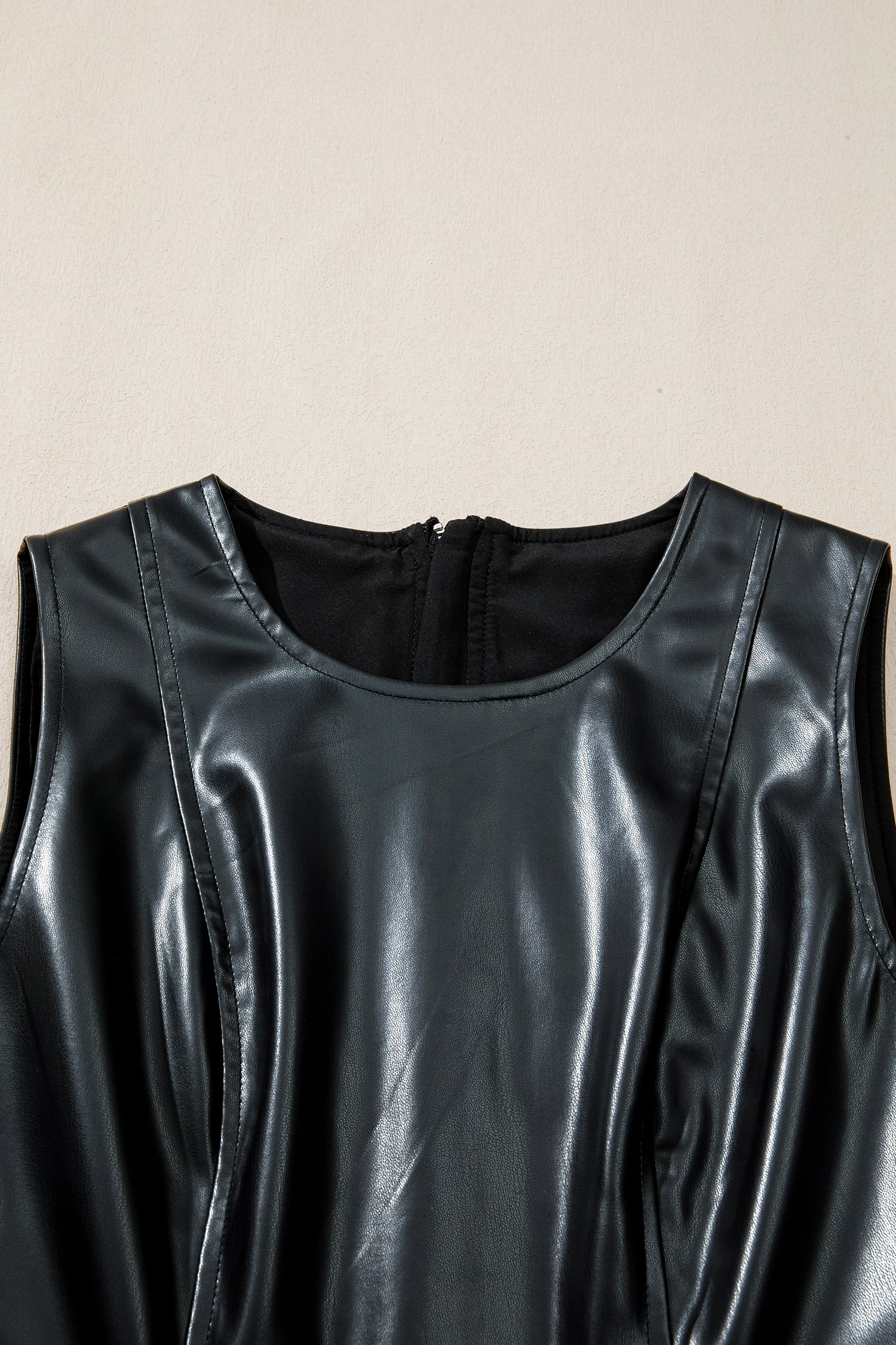 Black Faux Leather Ruffle Hem Sleeveless Mini Dress
