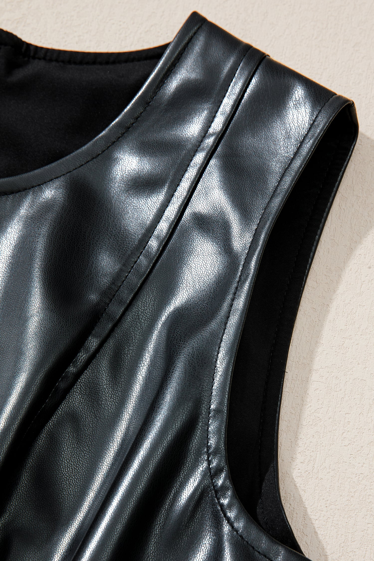 Black Faux Leather Ruffle Hem Sleeveless Mini Dress