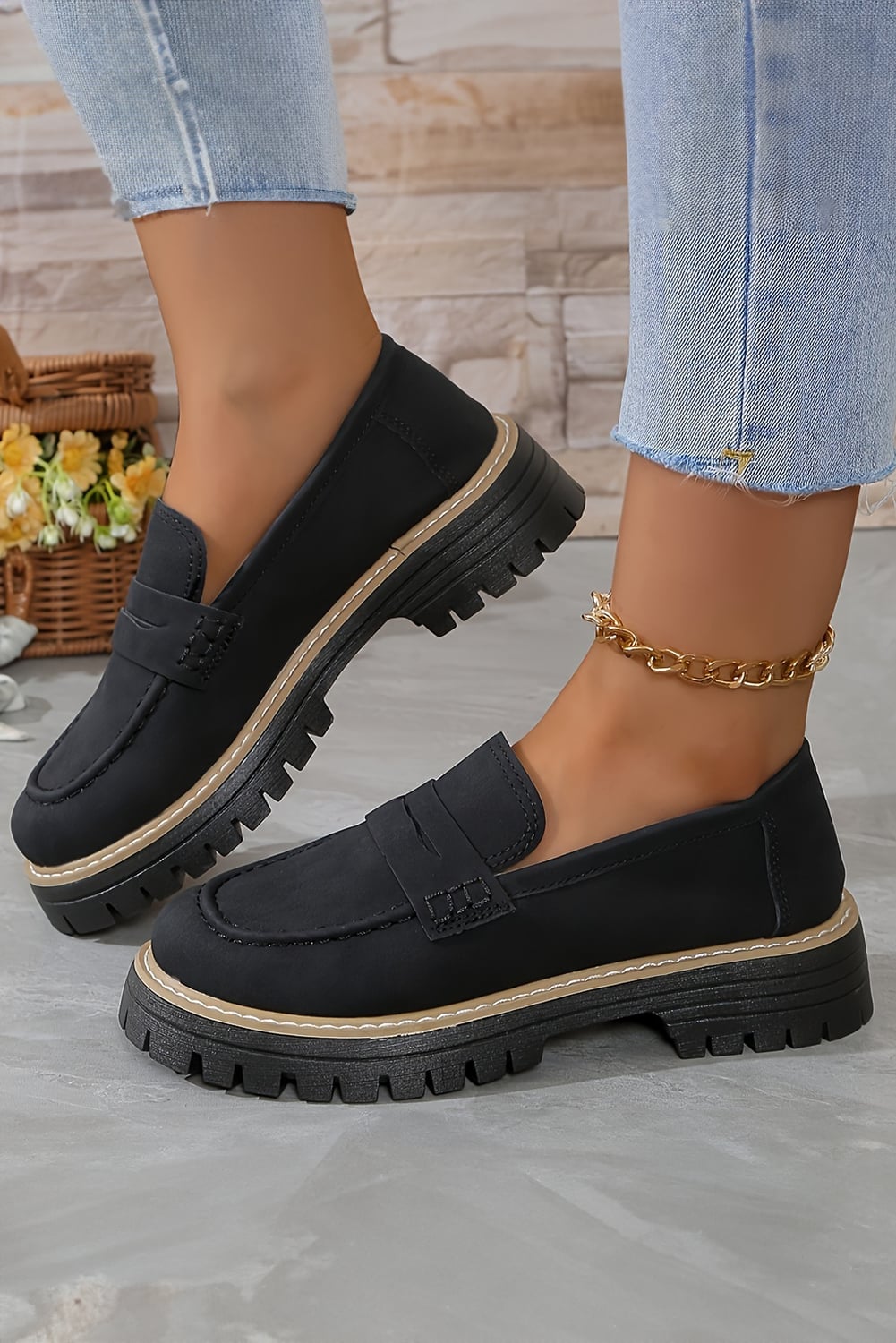 Black Faux Suede Slip-on Chunky Loafers