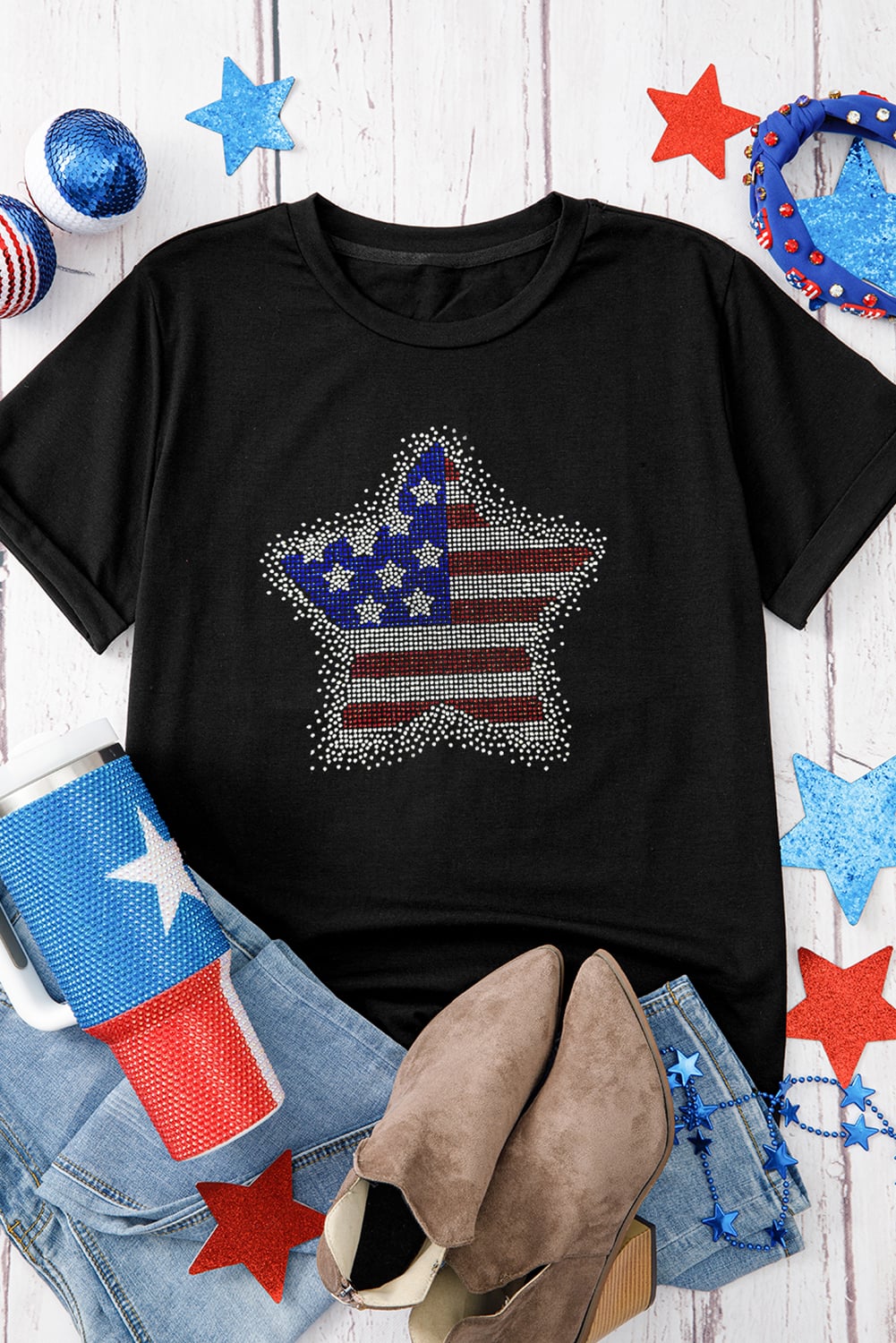 Black Flag Inspired Rhinestone Star Graphic T Shirt