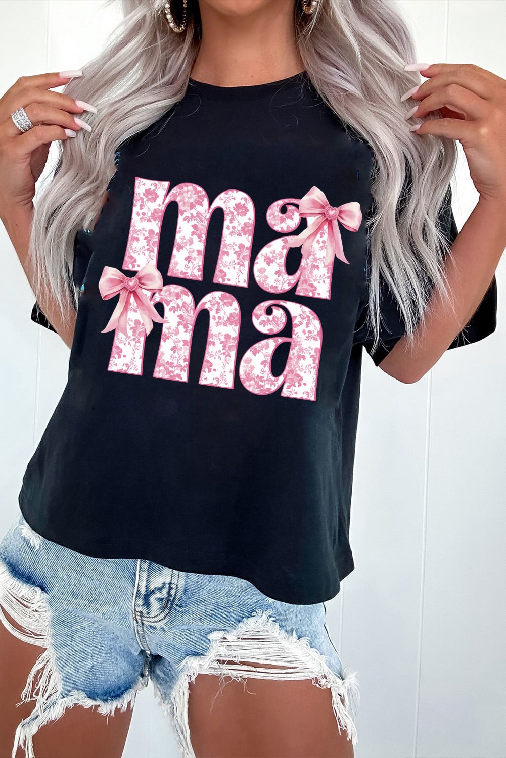 Black Floral Bow Mama Graphic Crewneck Tee