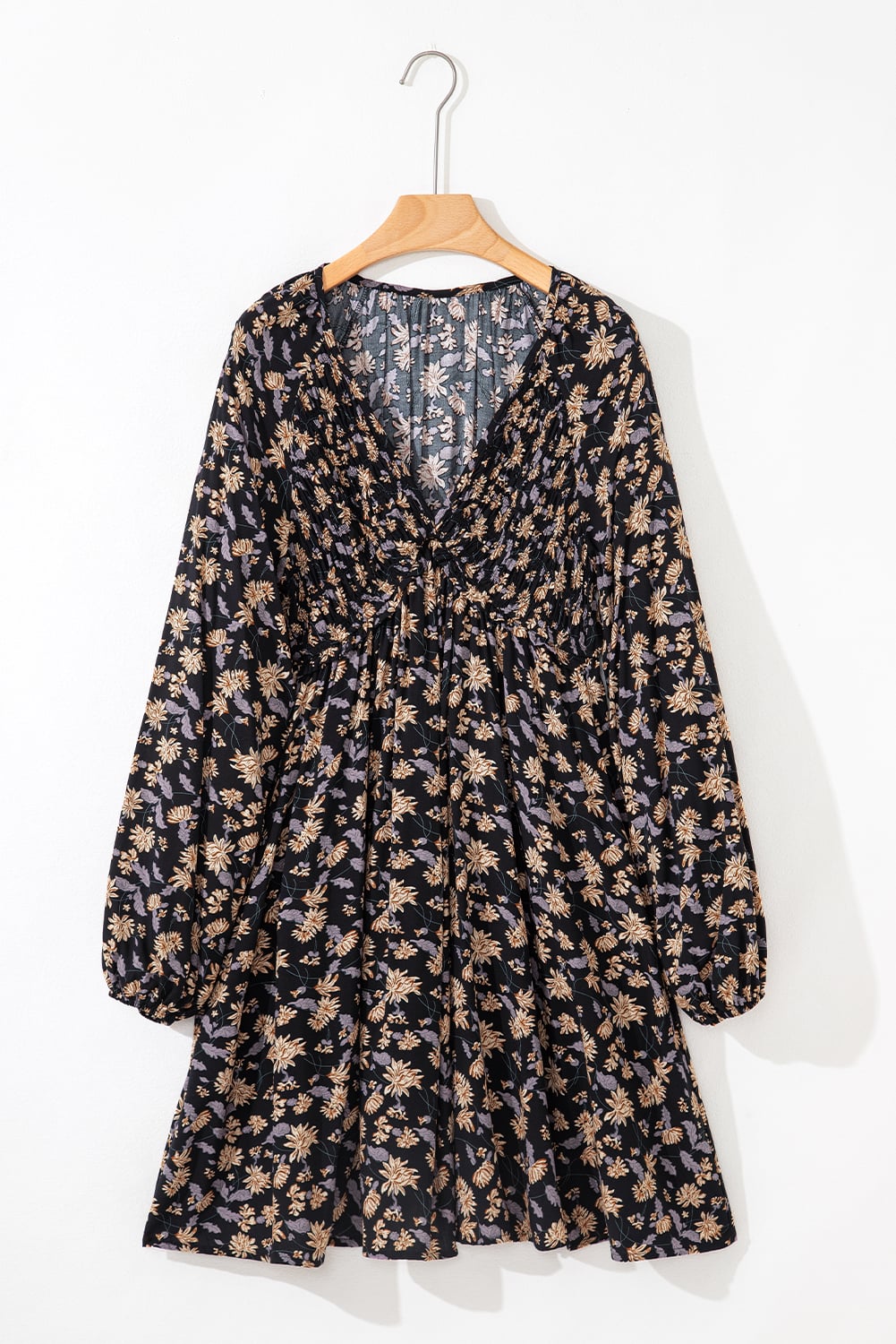 Black Floral Deep V Neck Smocked Bust Bubble Sleeve Babydoll Dress