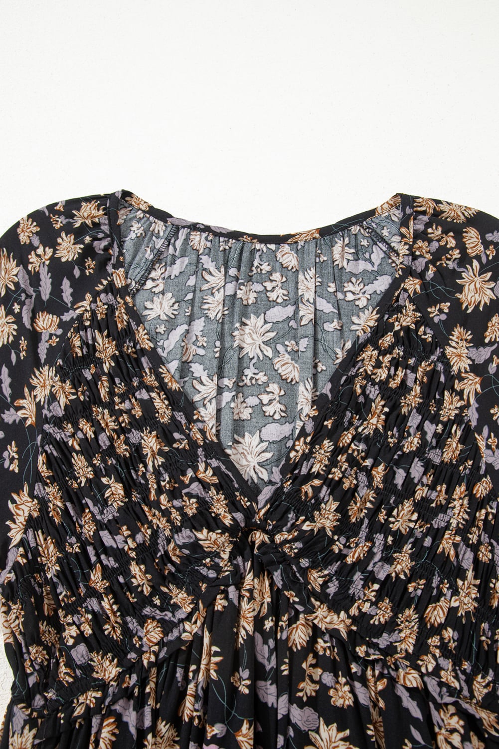 Black Floral Deep V Neck Smocked Bust Bubble Sleeve Babydoll Dress