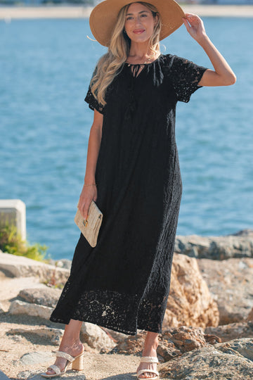 Black Floral Lace Overlay Tassel Tie Short Sleeve Beach Vacation Loose Maxi Dress