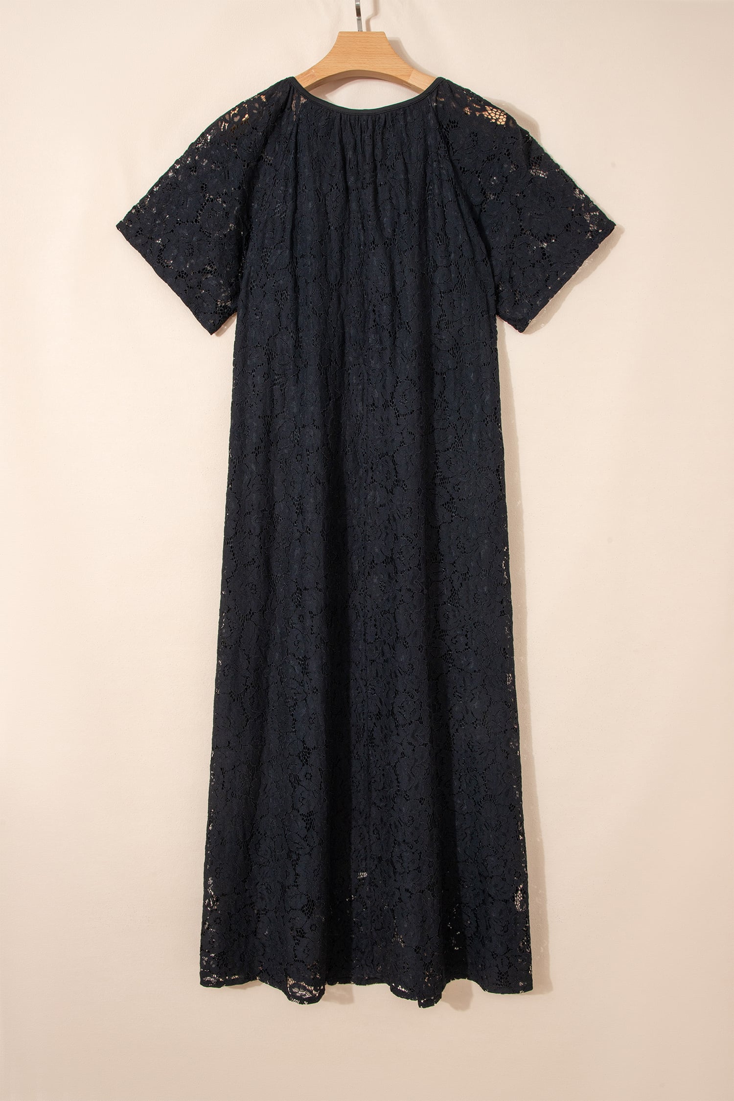 Black Floral Lace Overlay Tassel Tie Short Sleeve Beach Vacation Loose Maxi Dress