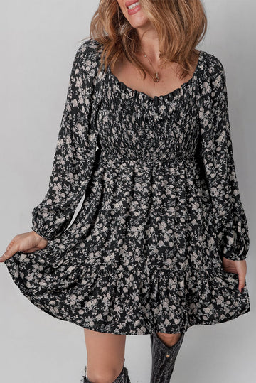 Black Floral Long Sleeve Frilly Shirred Square Neck Mini Dress