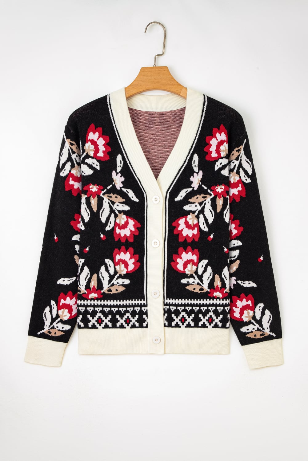 Black Floral Print Buttoned Front V Neck Knit Cardigan