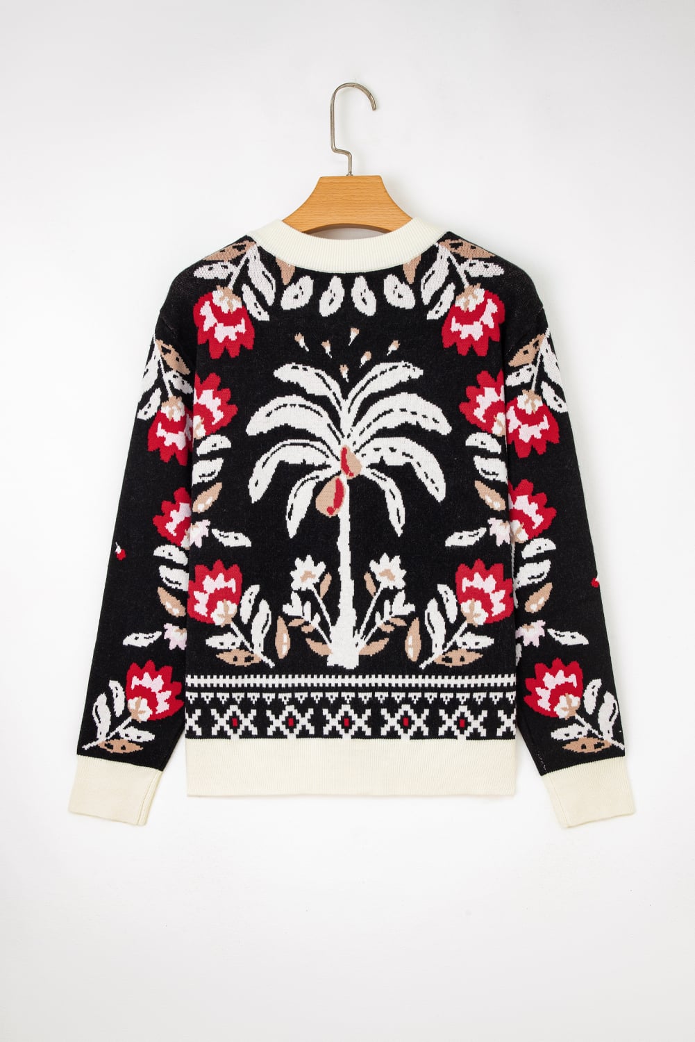 Black Floral Print Buttoned Front V Neck Knit Cardigan