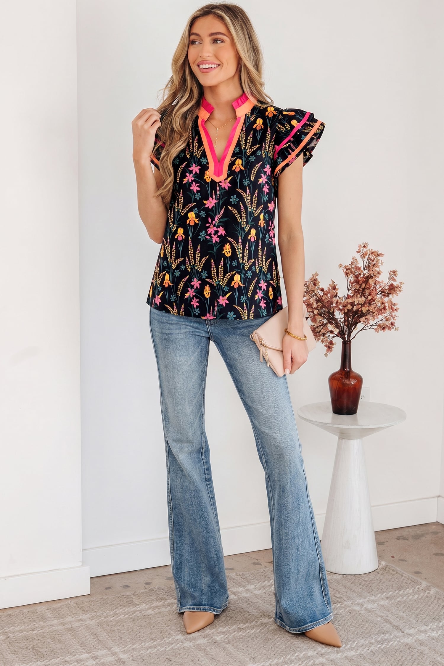 Black Floral Print Contrast Trim Tiered Ruffled Short Sleeve Blouse