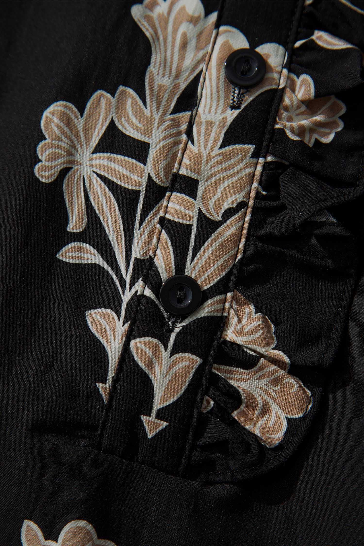 Black Floral Print Frilled Collar Short Puff Sleeve Maxi Dress