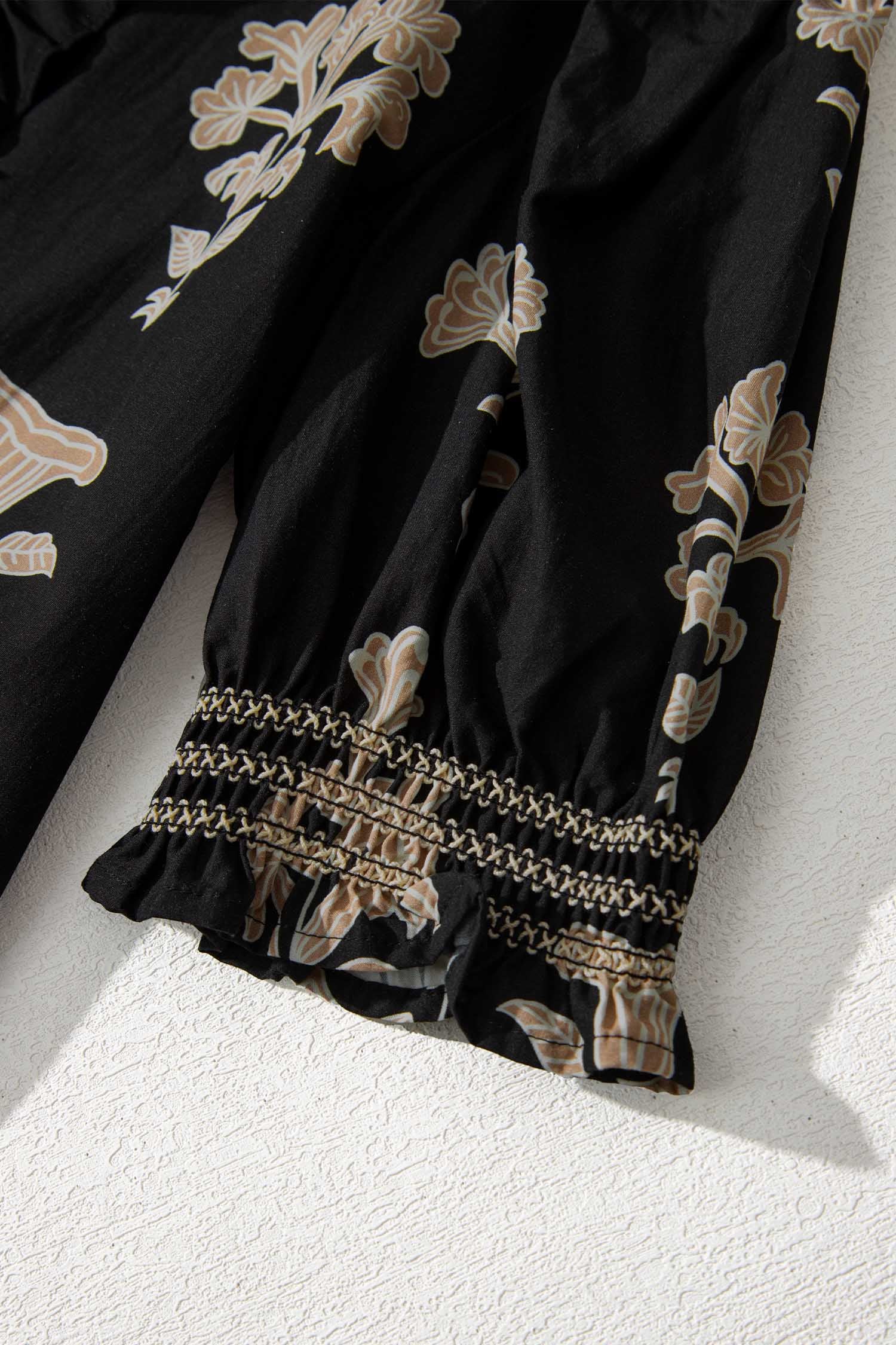 Black Floral Print Frilled Collar Short Puff Sleeve Maxi Dress